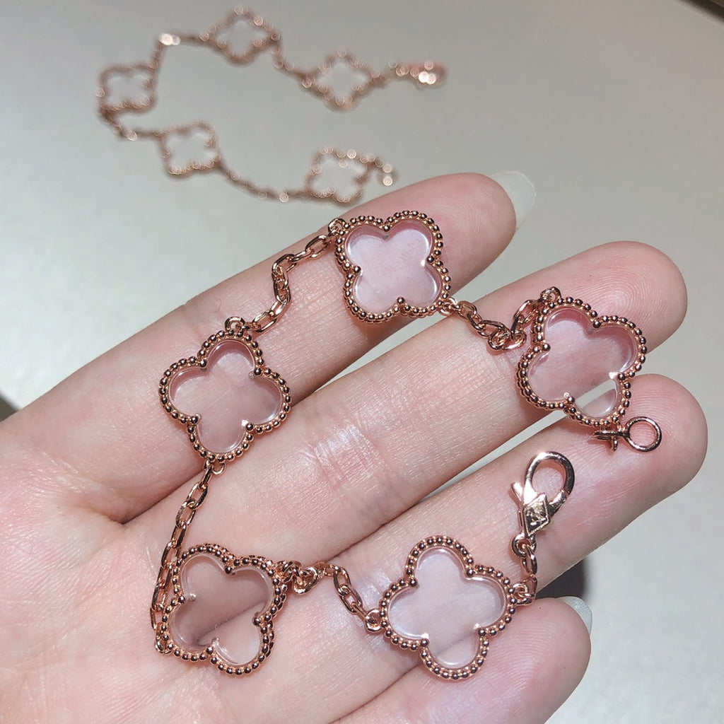 ¡®Jewelicorn¡¯CLOVER 5 MOTIF ROCK CRYSTAL PINK GOLD BRACELET
