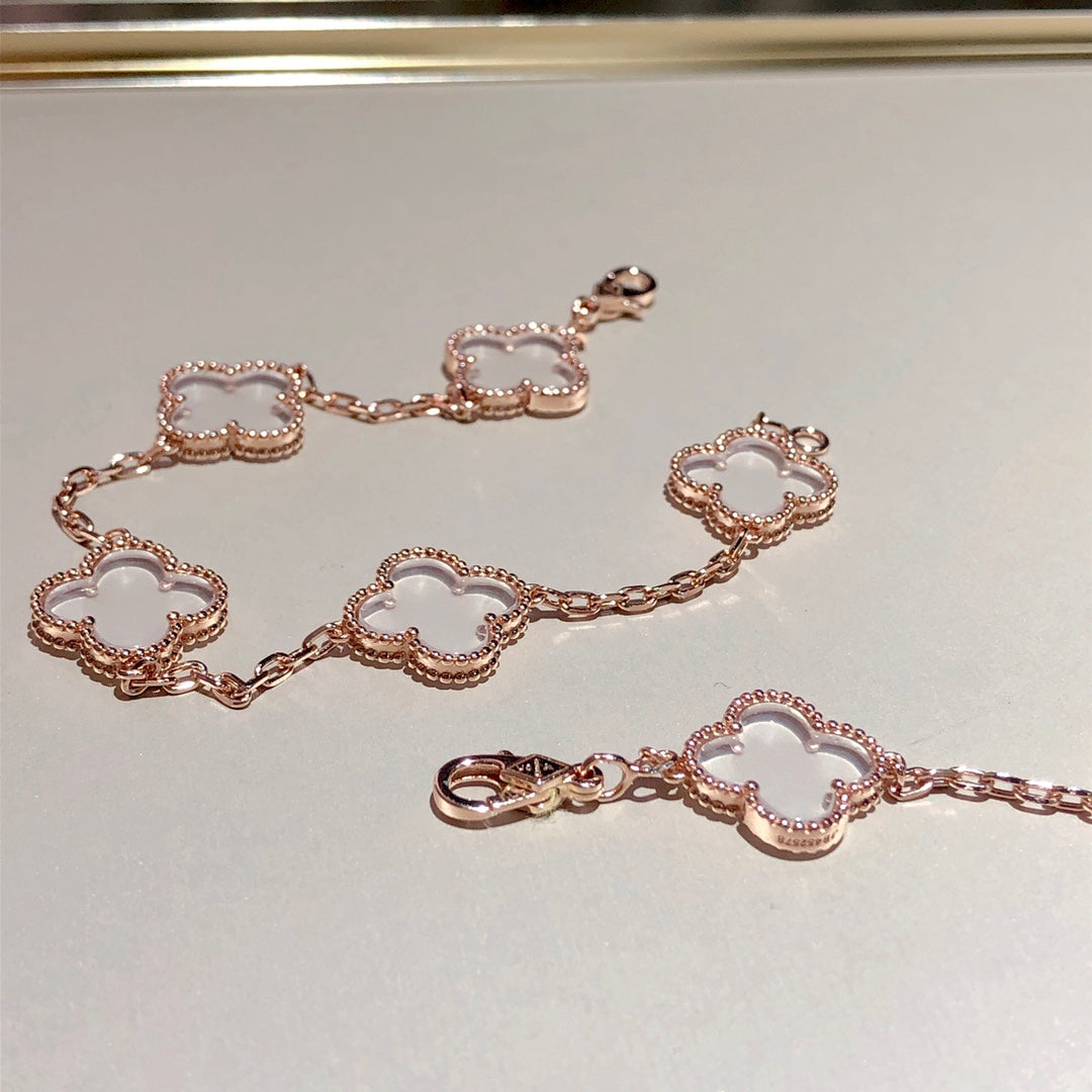 ¡®Jewelicorn¡¯CLOVER 5 MOTIF ROCK CRYSTAL PINK GOLD BRACELET