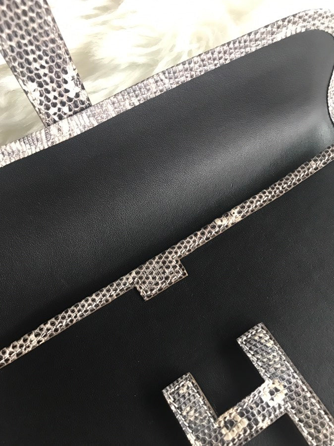 JIGE ELAN 29 CLUTCH IN BLACK CALFSKIN WITH WHITE LIZARD SKIN (MADE-TO-ODER)