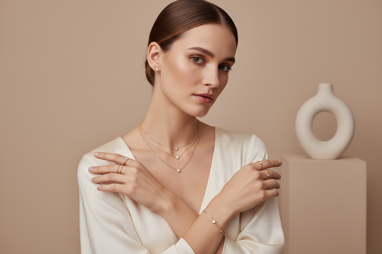 充满专业性的珠宝图片，并且图中有一位欧美模特美女。图中不含文字，简约一些