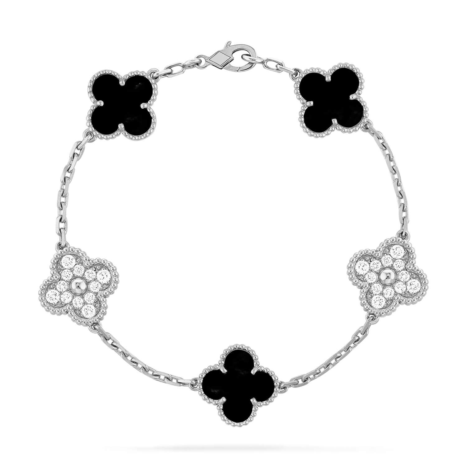 ¡®Jewelicorn¡¯CLOVER 5 MOTIF ONYXS DIAMOND BRACELET SILVER
