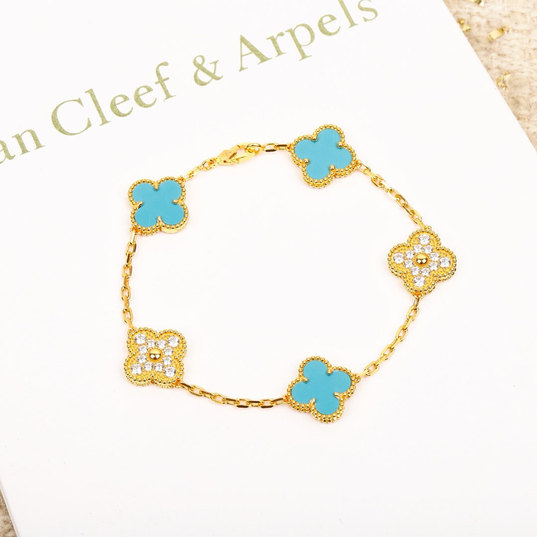 ¡®Jewelicorn¡¯CLOVER 5 MOTIF TURQUOISE DIAMOND GOLD BRACELET