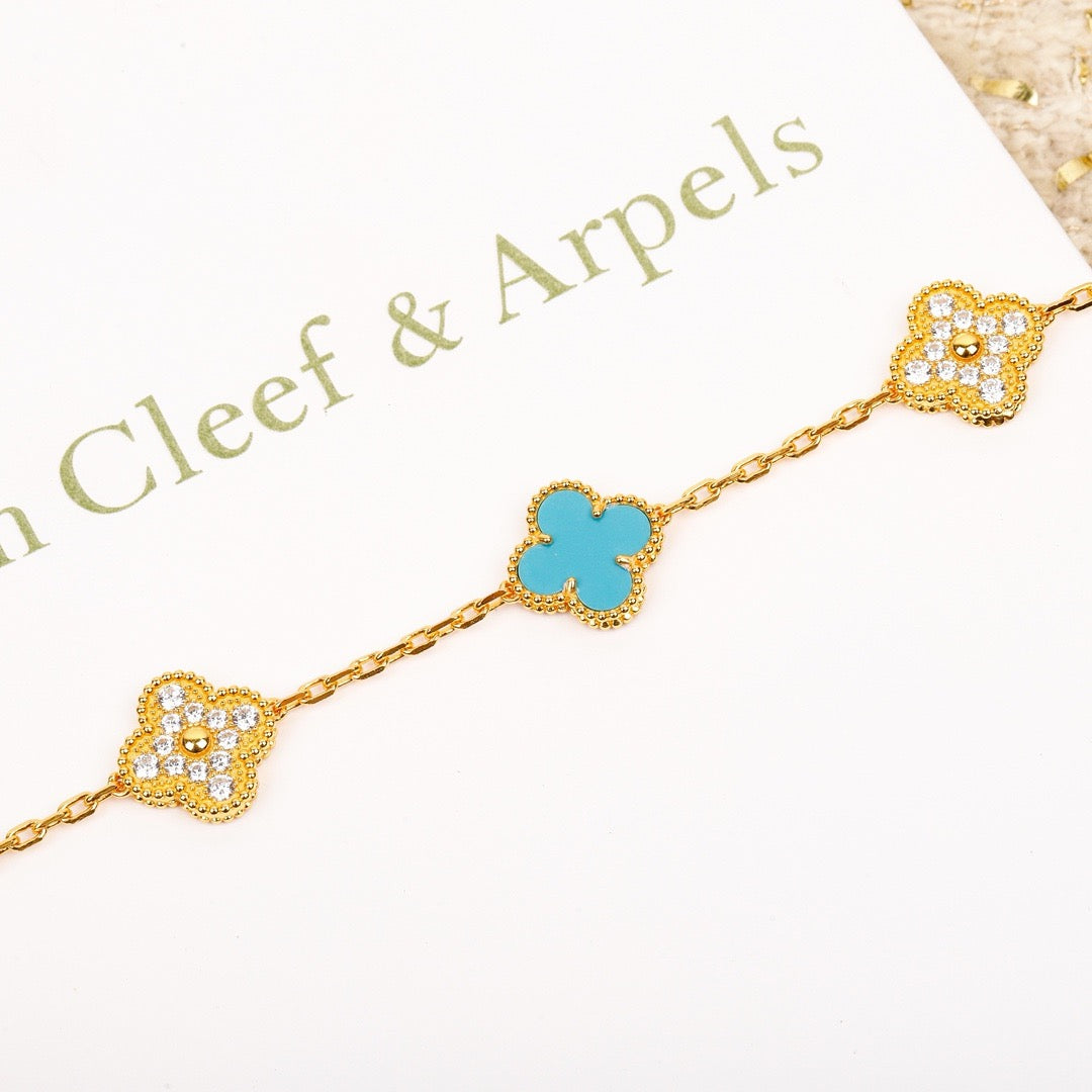 ¡®Jewelicorn¡¯CLOVER 5 MOTIF TURQUOISE DIAMOND GOLD BRACELET