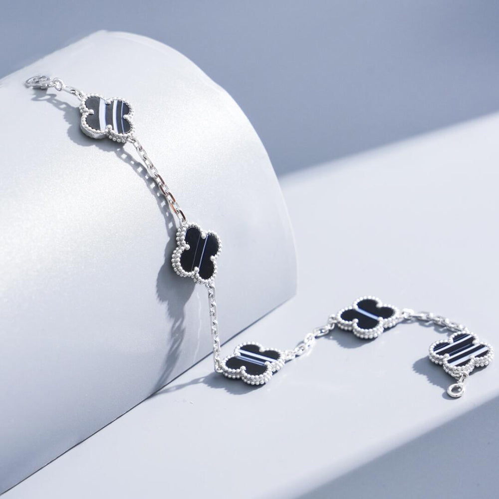 ¡®Jewelicorn¡¯CLOVER 5 MOTIF VEINED ONYX BRACELET SILVER
