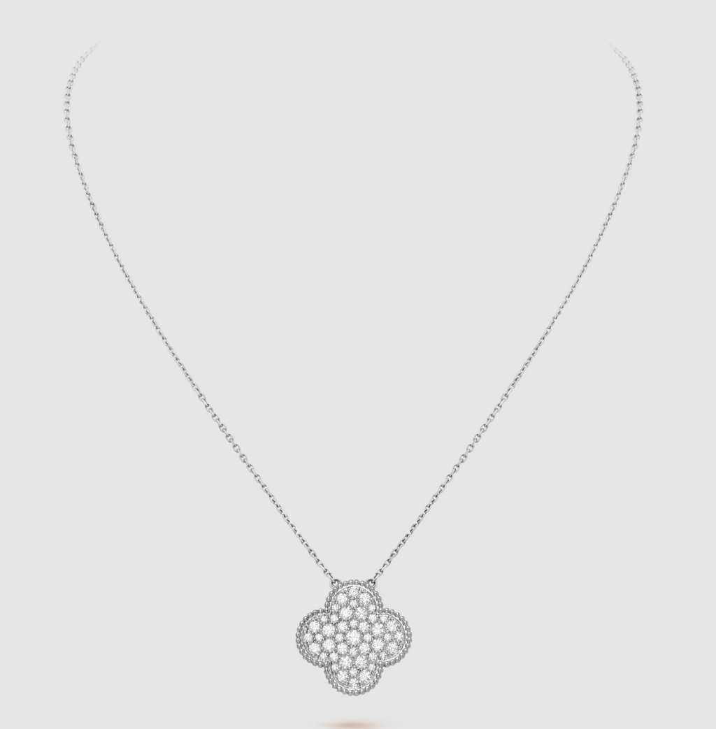 ¡®Jewelicorn¡¯CLOVER 25MM LARGE PENDANT DIAMOND PAVED SILVER NECKLACE