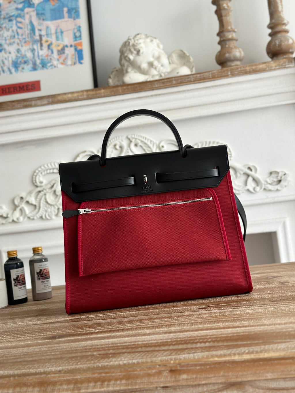 ZIP CABINE 31 BAG IN RUBY RED CANVAS AND BLACK CALFSKIN